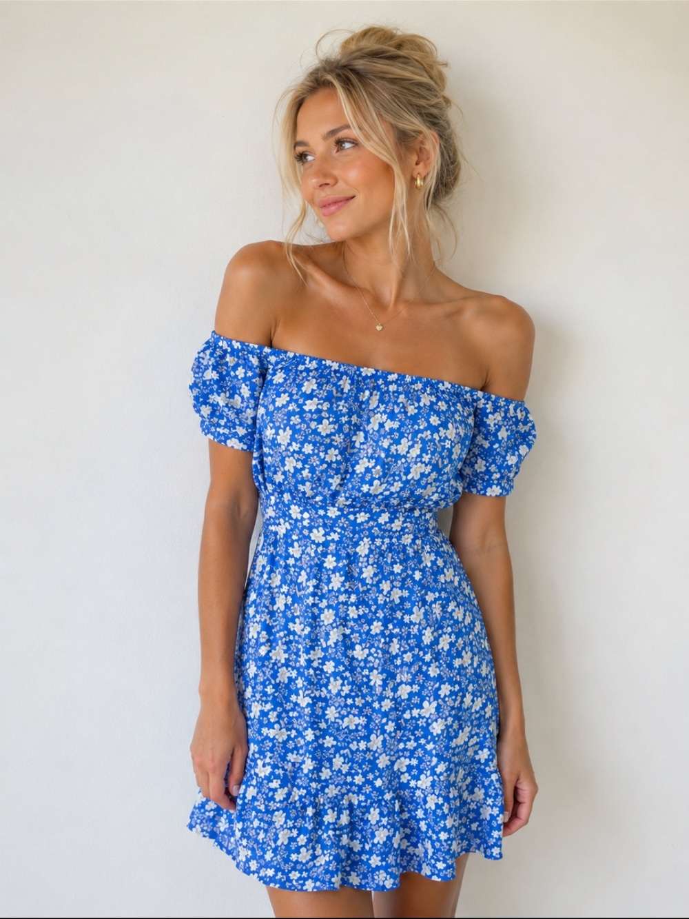 Capulet Odette Off Shoulder Blue Floral Print Dress